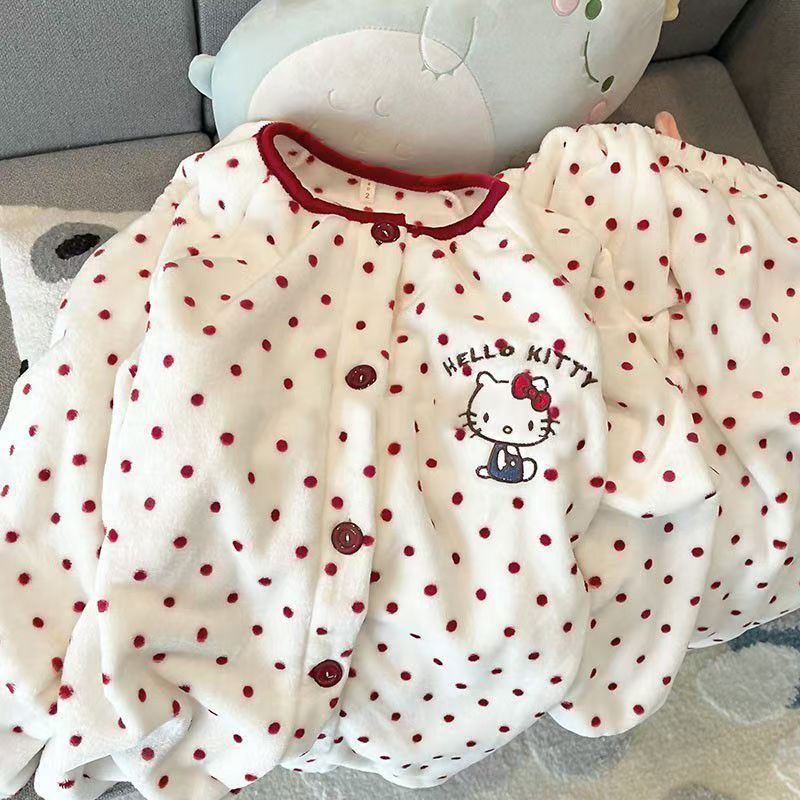 新款甜美Kitty猫睡衣女秋冬季保暖长袖长裤套装可外穿家居服|undefined
