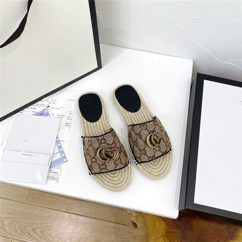G family straw fisherman slippers 2022 new one-word belt woven thick-soled beach shoes women's slip-on loafers