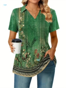 Women's Casual Polo Top Short Sleeve Pleated V Neck Shirt