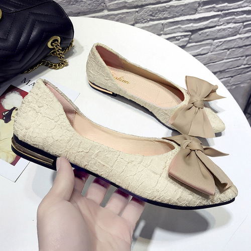 Women's New Beaded Shoes 2024 Spring Pointed-Toe Spring and Autumn Versatile Flat Shoes with Bow Knot Flat Flat-Sole Women's Shoes