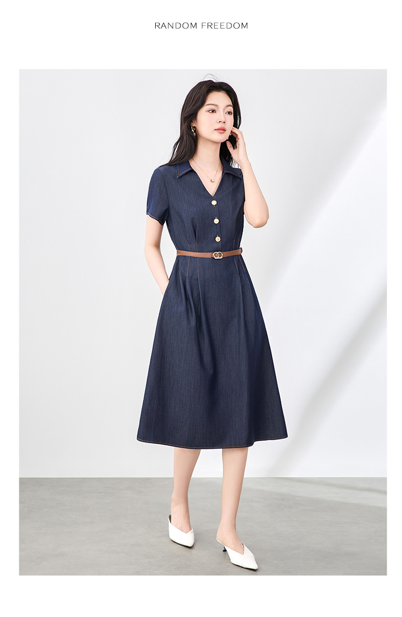 Váy liền denim sơ mi kiểu Pháp thắt eo thanh lịch — Màu xanh lam nhạt chi tiết 10