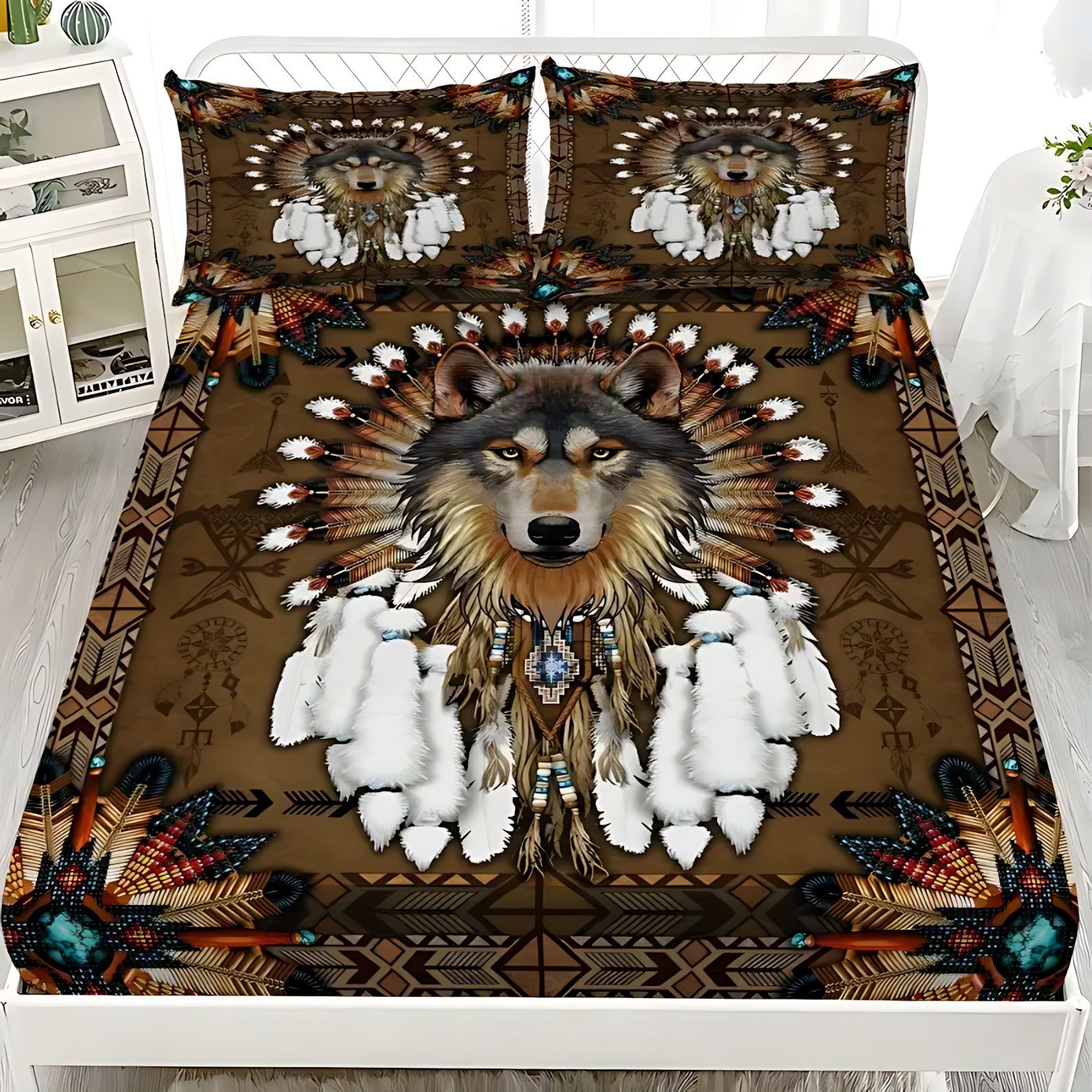 TEMU / JIT Transfronterizo Wolf Dreamcatcher Cama 3D impresión digital camisa colchón kit de ropa de cama se puede diseñar