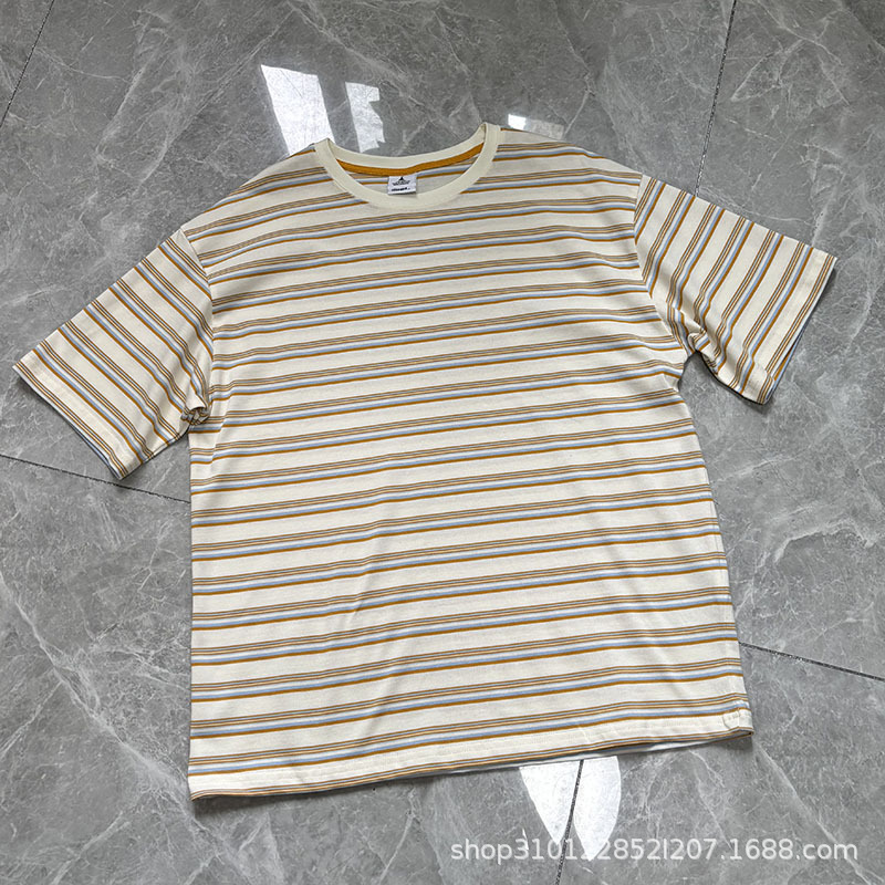 2025 新しい夏の日本のニコ半袖コントラストストライプカジュアルシンプルな年齢軽減ルーズラウンドネック Tシャツ女性用|undefined