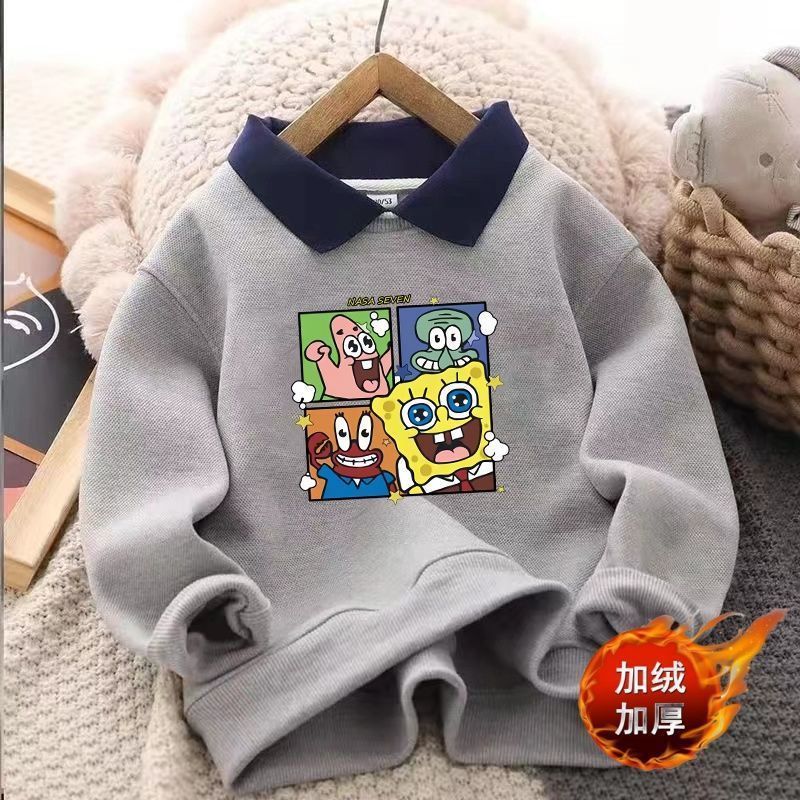 Children's Spring, Autumn and Winter New Velvet Sweatshirts, Fashionable Lapel Polo Shirts, Baby Long-Sleeved Cartoon Tops for Outer Wear