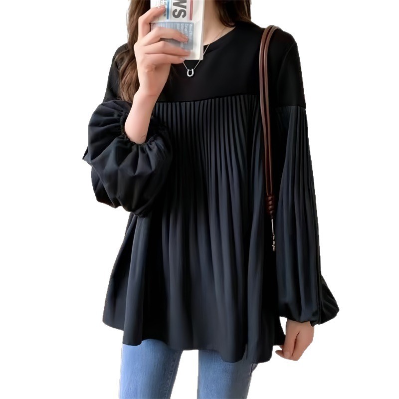 2025 ホットな新作日本の春服女性のプリーツゴムランタンスリーブカラーブロック長袖 Tシャツトップス 3 色|undefined