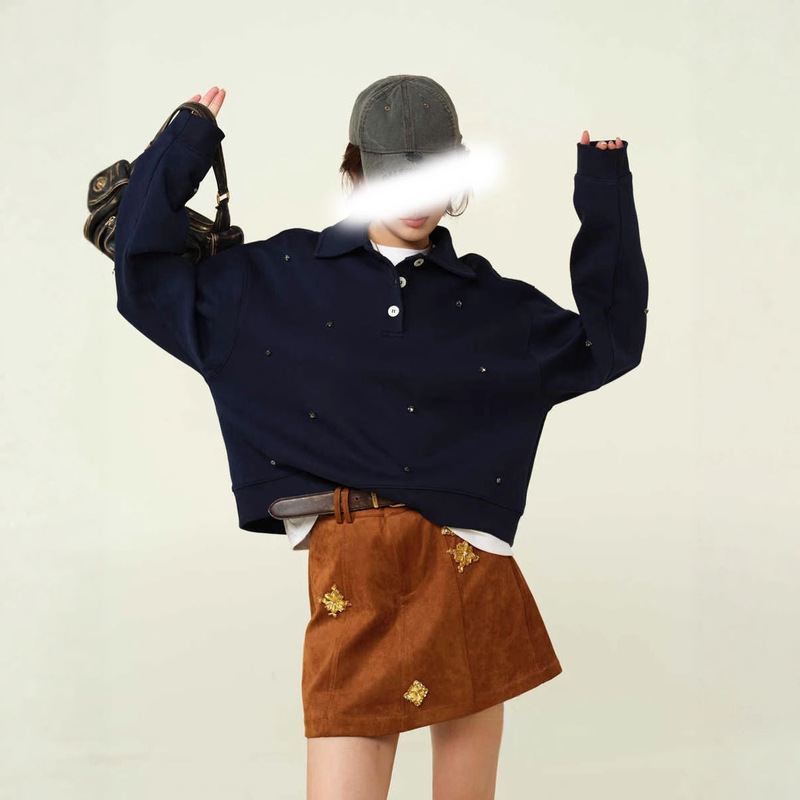 New Style Handmade Rhinestone Gao-Grade Lazy Versatile Pullover Fashionable Short Loose Casual Sweatshirt for Women