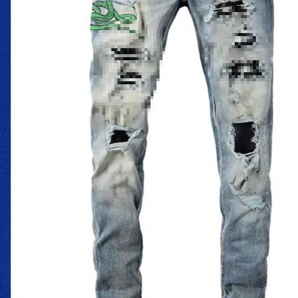 boy European And American High Street Trend Brand Vintage Distressed Niche Jeans For Men With Cobra Embroidery Patch Slim_voghion.com