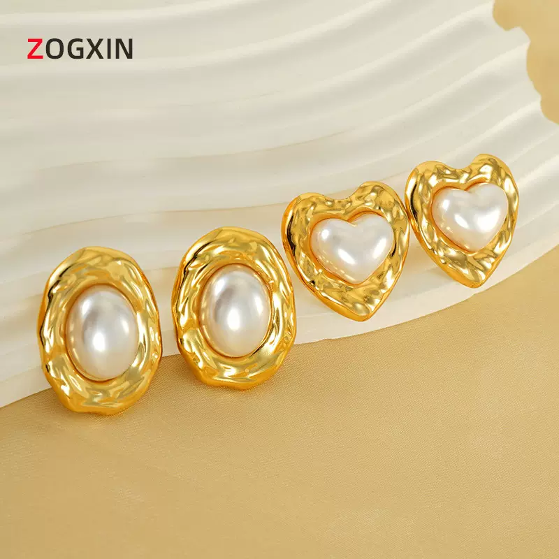 法式轻奢感爱心椭圆耳钉钛钢时尚珍珠褶皱纹理感耳钉耳饰现货批发