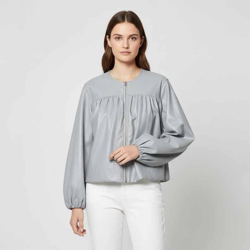 European and American Style Foreign Trade Women's Clothing Source Factory 2026 Spring New Faux Leather Puff Sleeve Jacket Loose Leather Coat European and American Style Foreign Trade Women's Clothing Source Factory 2026 Spring New Faux Leather Puff Sleeve Jacket Loose Leather Coat