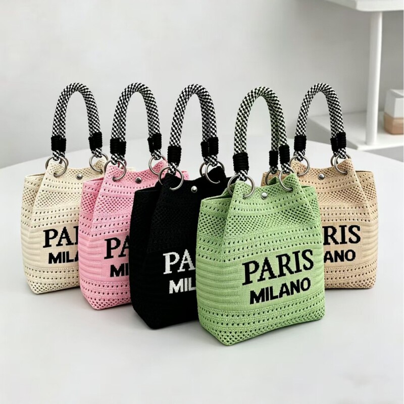 New Woven Handbag for Women, Paris Milan Letter Bucket Bag, Versatile Commuting Knit Bag, Small Square Bag, Hollow-Out Trendy Design
