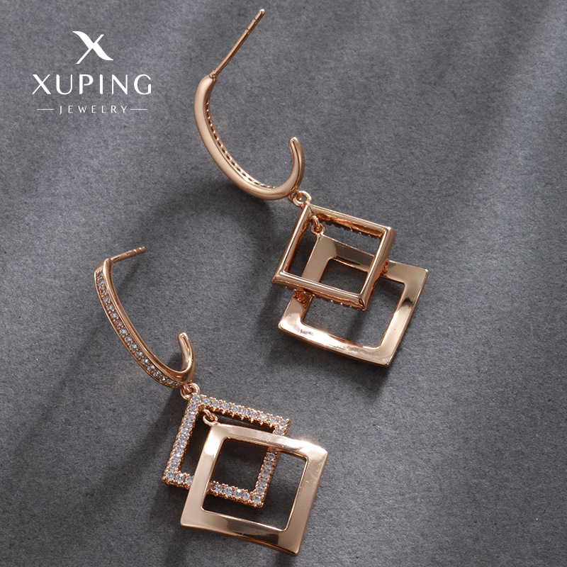 Pendientes de temperamento de circón cuadrilátero de doble capa en forma de diamante geométrico de nuevo estilo Xuping, diseño de nicho, pendientes de personalidad de moda