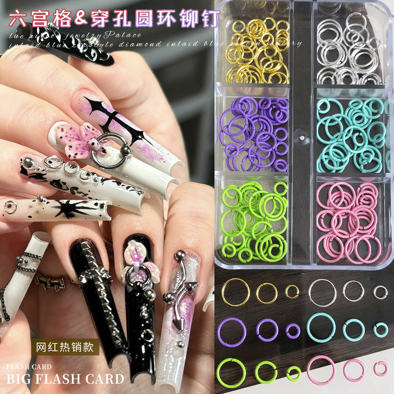 6-Hole Perforated Ring Rivet Nail Art Accessories Cross-Border Hot-Selling Dopamine Round Metal DIY Wearable Nail Decorations