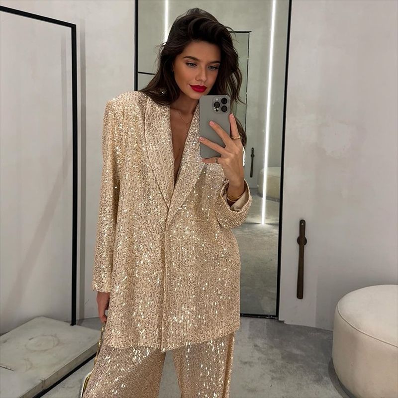 Cross-border European and American fashion casual women's sequined suit jacket trousers suit elegant sequined top pants Cross-border European and American fashion casual women's sequined suit jacket trousers suit elegant sequined top pants