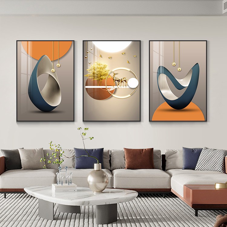 Pintura de decoración de la sala de estar moderna de lujo ligera Fukuyan atmósfera tripartita mural significa un buen fondo de sofá pintura colgante de pared