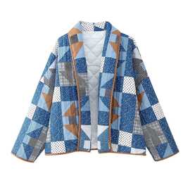 2024秋wish亚马逊eBay蓝印花棉服宽松几何棉衣