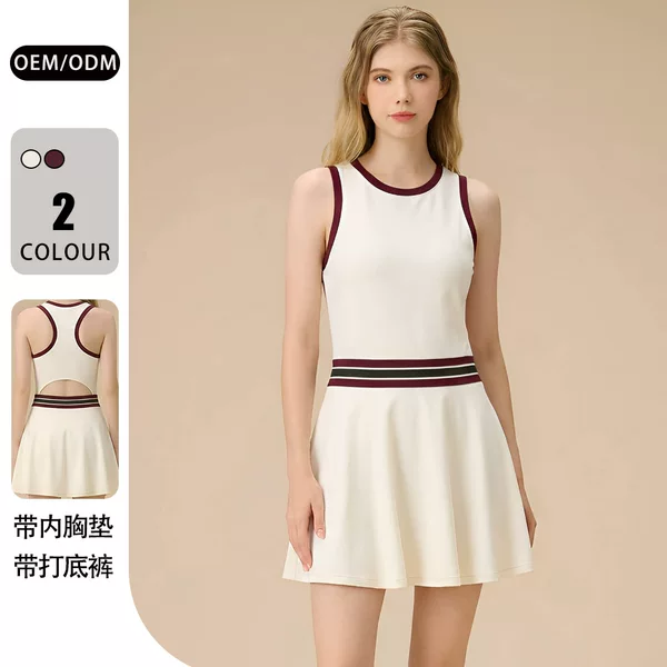 26 New Styles of One-Piece Tennis Skirts for Women, Anti-Exposure Striped Color-Blocking Fashion Sports Outdoor Running Fitness Tennis Wear
