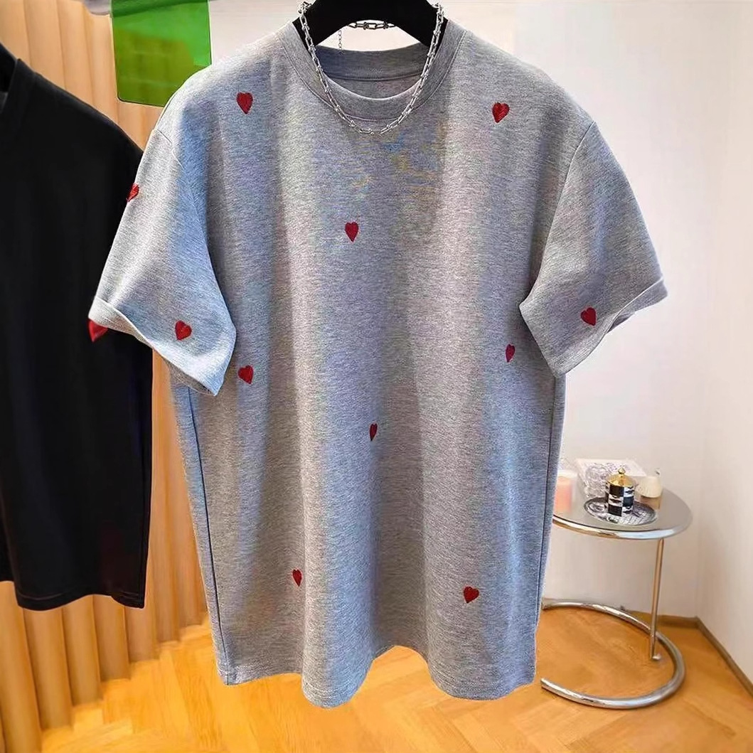 Women's Heart Embroidered T-Shirt Short Sleeved 3D Loose Fit European American Style Summer Top_ecoleips.com