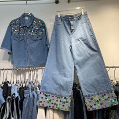 2025秋季新品女装彩色水钻牛仔衬衫上衣 + 直筒阔腿裤拼接牛仔裤