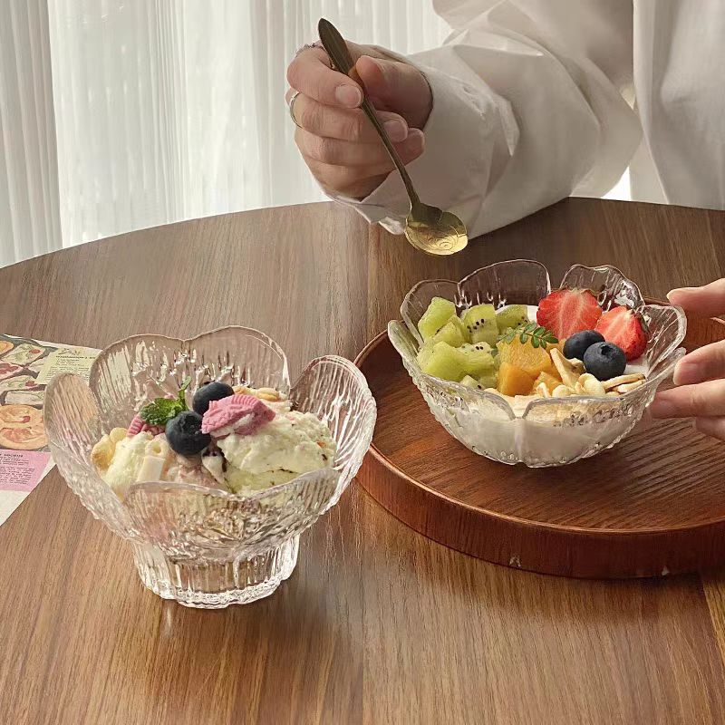 Petal Relief Glass Dessert Bowl Household High-value Women's Transparent Bowl Ice Cream Bird's Nest Sugar Water Ice Cream Fruit Bowl