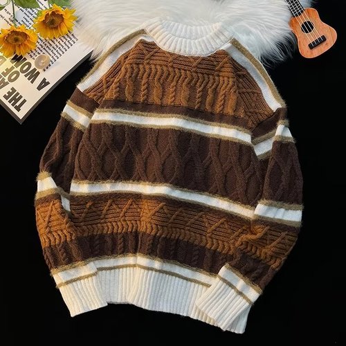 Sweater for Men in Autumn/Winter, Youth Striped Contrast Color Knitwear Jacket, Japanese Trend Brand Retro Lazy Style Woolen Sweater