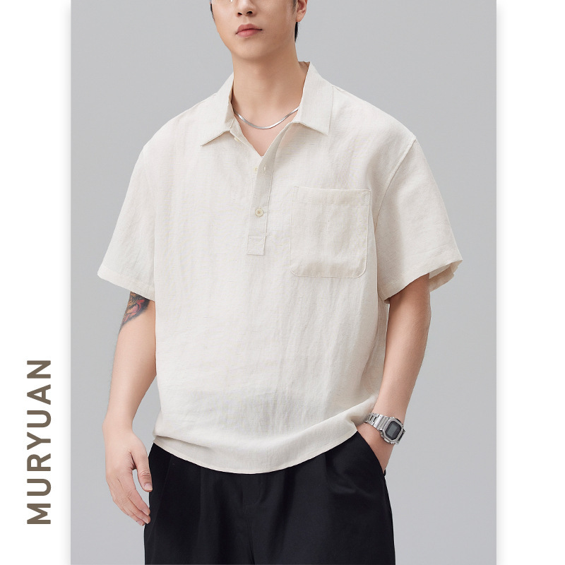 Muyuan Men's Clothing Old Money Style Linen Tencel Short Sleeve Polo Collar Shirt Men's 2026 Summer New Pullover Shirt