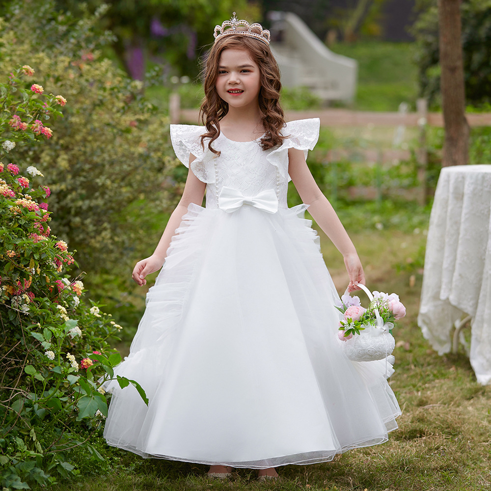 Nuevo vestido de niña de las flores, vestido de princesa de malla, vestido largo de actuación para niños, vestido largo bordado tridimensional, vestidos para niños.