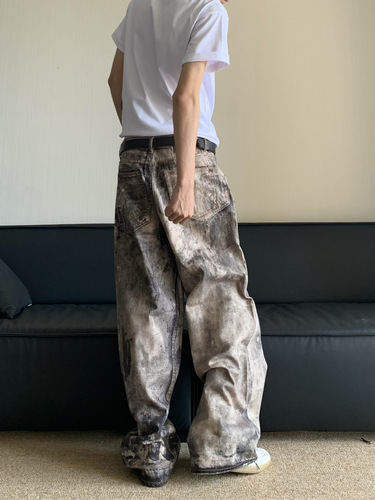 American-style 3D digital camo print denim pants for men, new for spring and summer, distressed low-rise wide-leg casual pants for women