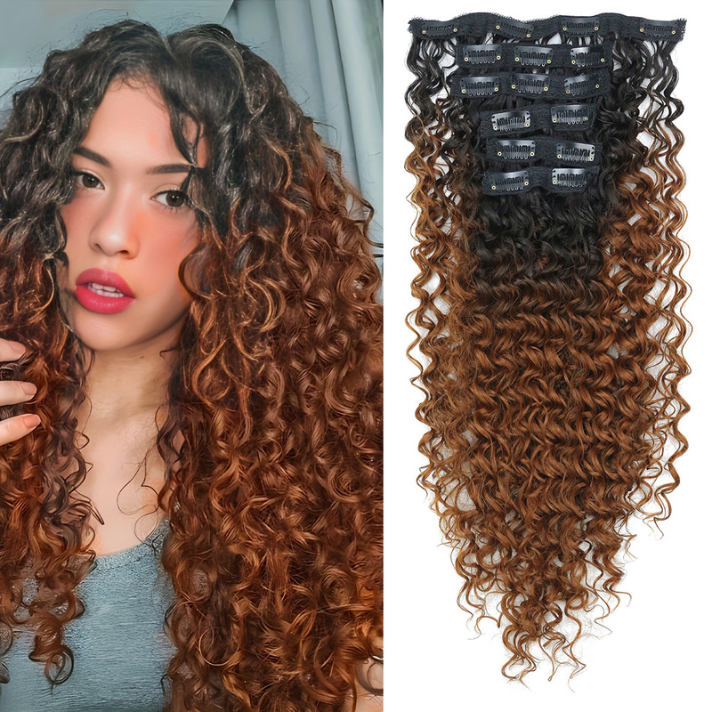 クロスボーダー热い贩売化繊カーラーヘアクリップヘアエクステKINKY CURLY Clip Insフルヘッドウィッグレディースブラックブラウン|undefined