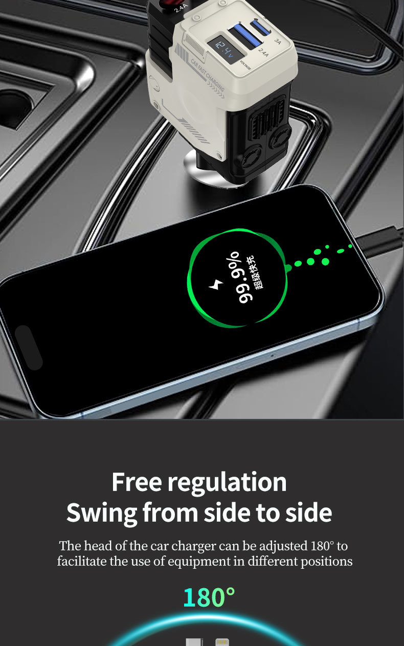 Mecha Car Charger 120W Super Fast Charging Car Mobile Phone Charger with Built-In Retractable Cable and Digital Display Car Charger