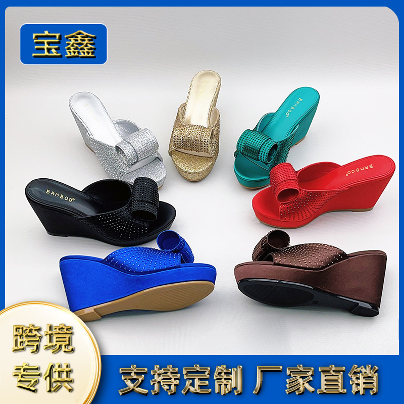 Summer New Style Rhinestone High-Heeled Slippers for Women, Non-Slip Plastic Wedge Sandals, Outdoor Wear, Thick-Soled European and American Style