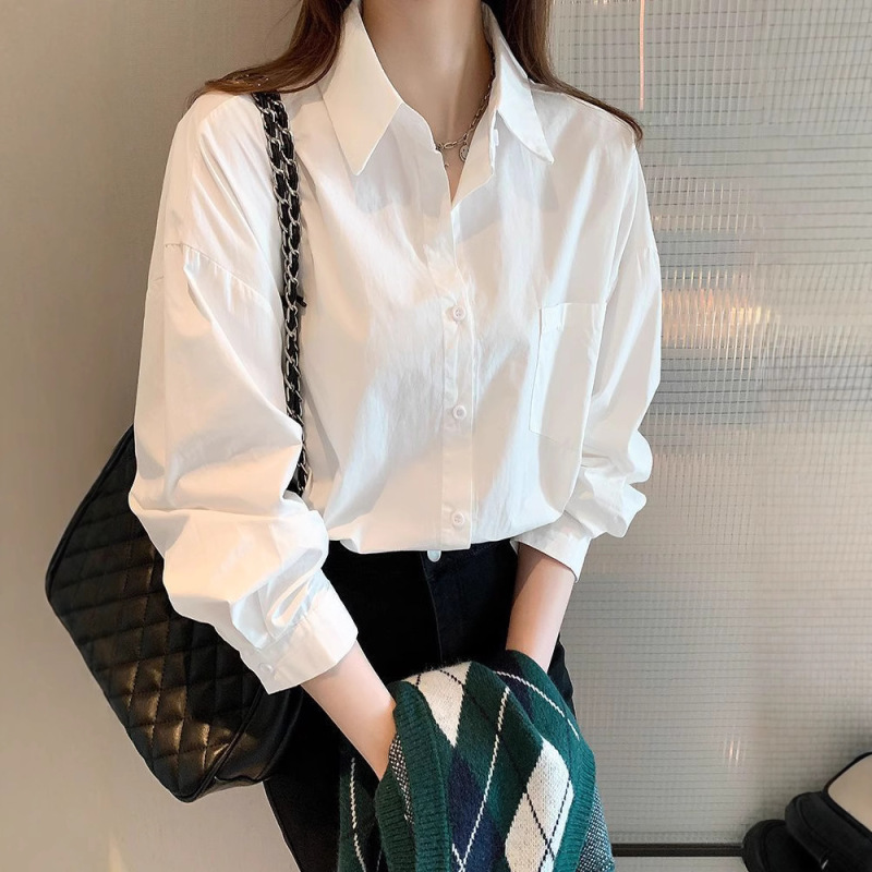 白色衬衫女春秋夏新款高级感jk制服翻领百搭上衣职业装长袖衬衣批|undefined