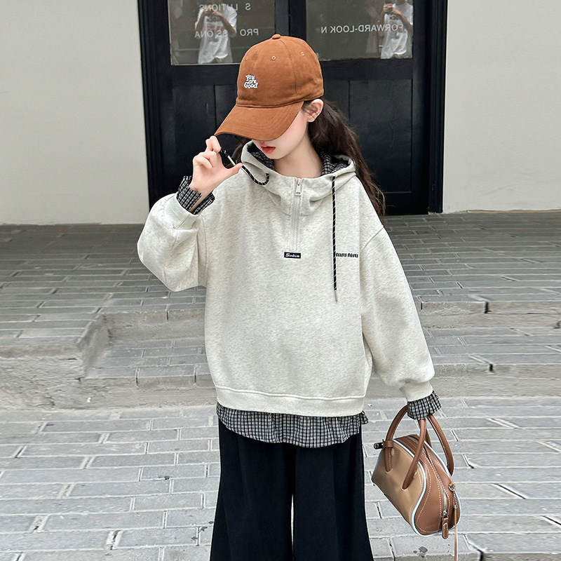 跨境女童拼色连帽格子卫衣春秋2025新款韩版中大童时尚休闲套头衫|undefined