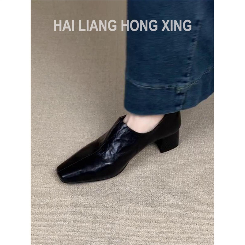 羊皮版~法式方头粗跟单鞋女新款通勤气质一脚蹬乐福鞋中跟小皮鞋|undefined