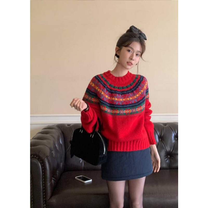Christmas Atmosphere Is Full of Festive Red! Korean-Style Fair Isle Warm, Loose, Lazy, and Comfortable Knit Sweater
