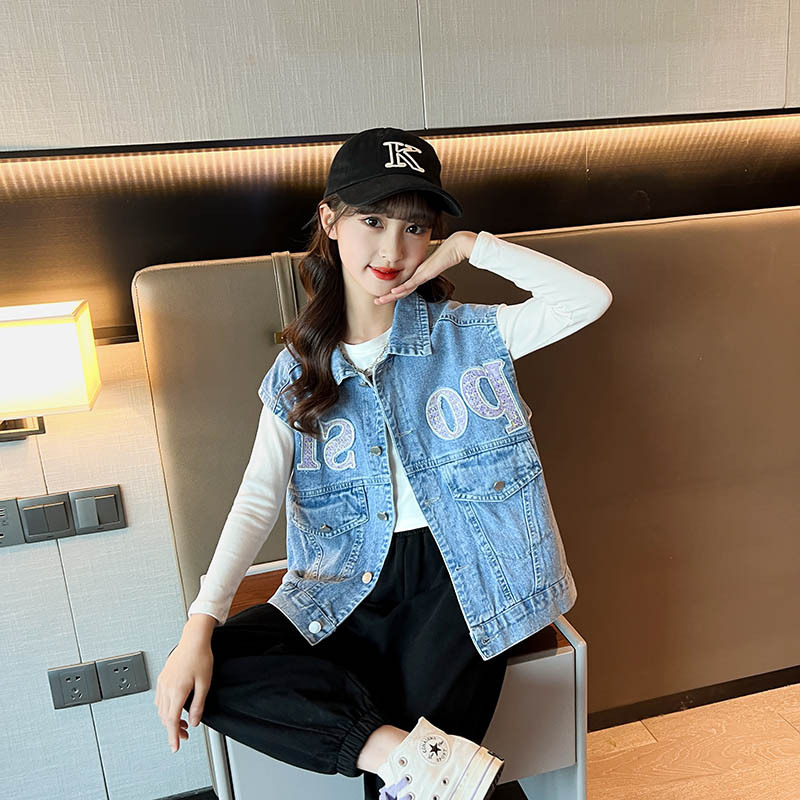 Girls denim jacket 2023 spring clothes new pattern CUHK washing cowboy children Easy Western style coat