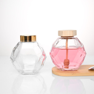 Customized Hexagonal Glass Honey Bottle with Bamboo Lid and Stirring Stick, Sealed Jam Repackaging Empty Bottle, Yellow Peach Canning Bottle