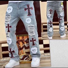 十字架鬼脸境外流行牛仔长裤破洞evil spirits crucifix jeans