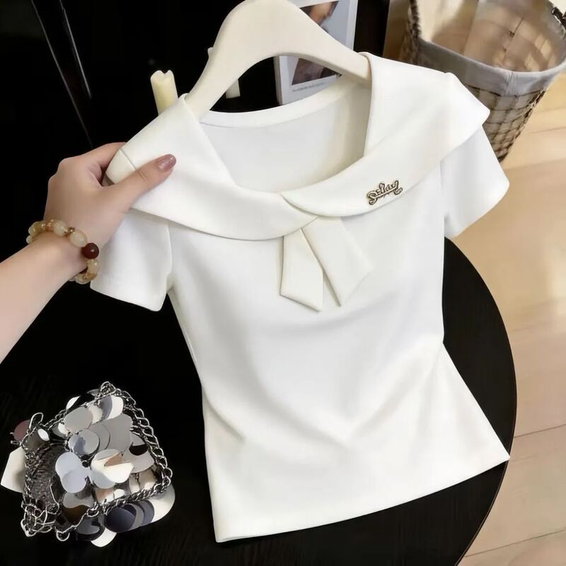 Korean-style square-neck short-sleeve T-shirt for women, 2026 summer new casual simple fashion slim-fit versatile top ins