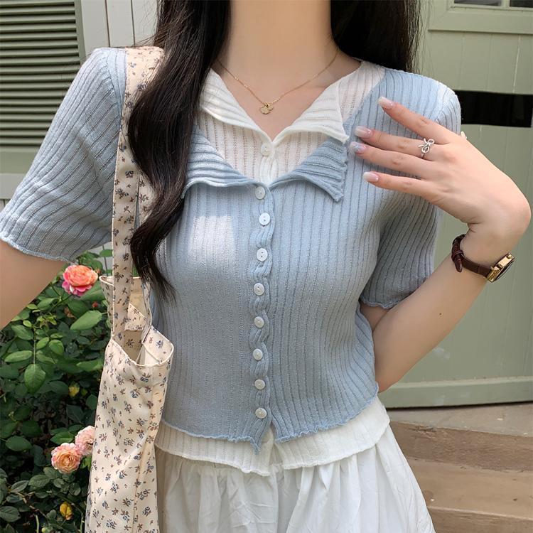 2025 Summer New Fake Two-piece Slim-fit Knitted Short-sleeved Top Women's Korean Style Color-matching V-neck Short Knitted Sweater 2025 Summer New Fake Two-piece Slim-fit Knitted Short-sleeved Top Women's Korean Style Color-matching V-neck Short Knitted Sweater