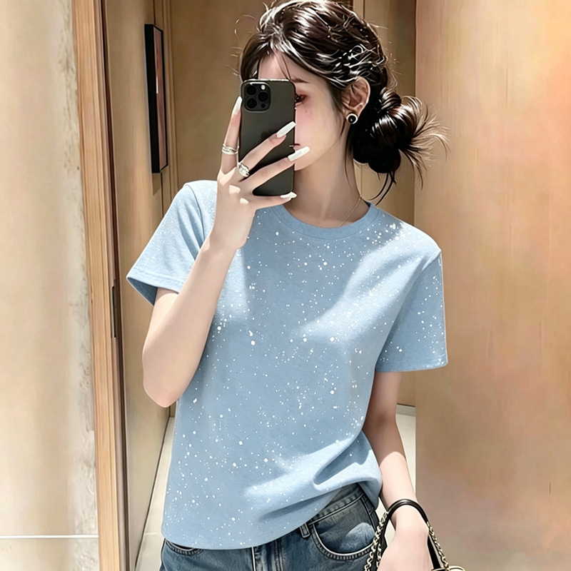 220g Regular Shoulder Rhinestone-Embellished Short-Sleeve T-Shirt for Women, Summer Korean Fashion, Plus-Size Round Neck Slimming Top