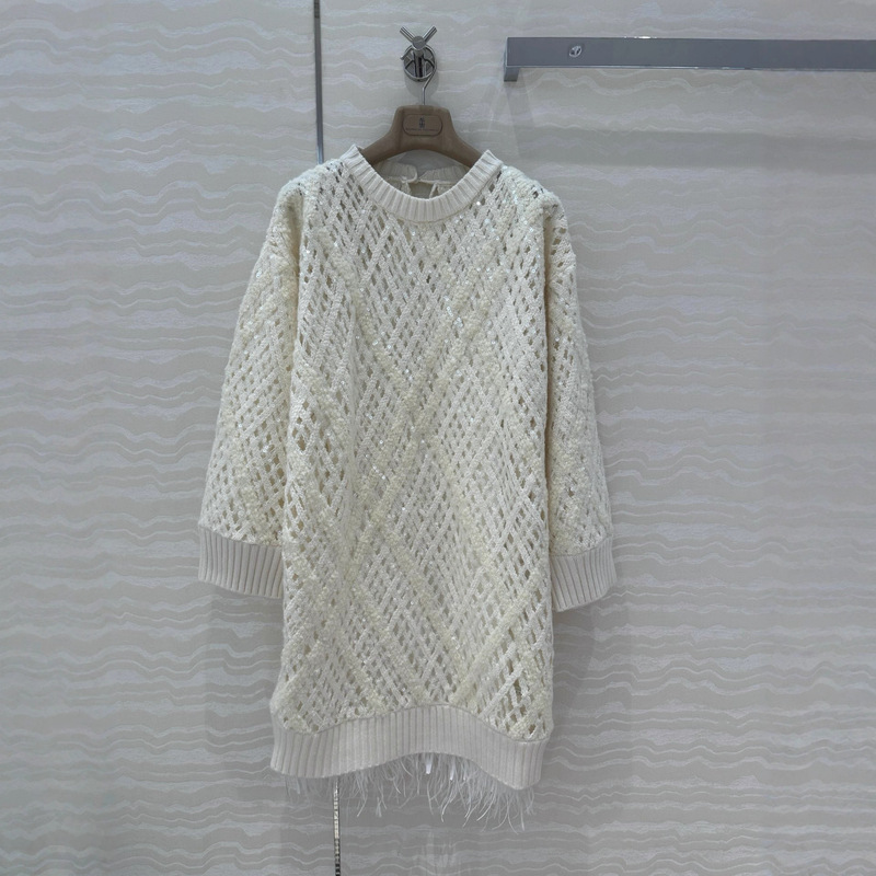 Nanyouhao 25 Autumn and Winter New Bc Heavy Industry Silk Feather Skirt Lined Round Neck Mid-Length Cashmere Dress