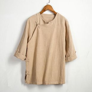 Spring and Summer Chinese Style Men's Cotton and Linen Short-Sleeved Shirt Chinese Style Oblique Lapel Han Dynasty Buttoned Tang Suit 57-Quarter Sleeve Linen Top