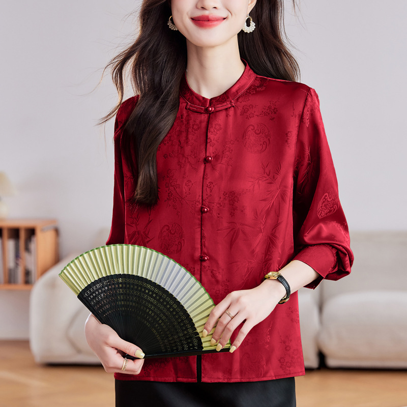 新中式缎面提花衬衫女2025秋季新款国风盘扣衬衫女立领上衣批发|undefined