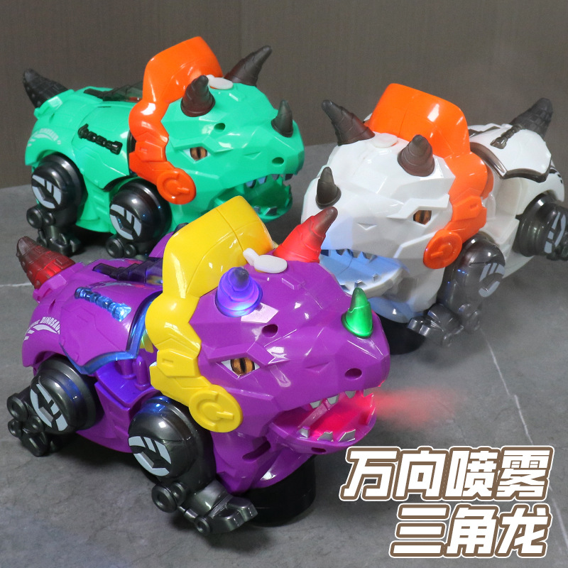 Juguetes de dinosaurios de simulación de pulverización eléctrica para niños acrobacias giratorias triceratón música iluminación juguetes para niños