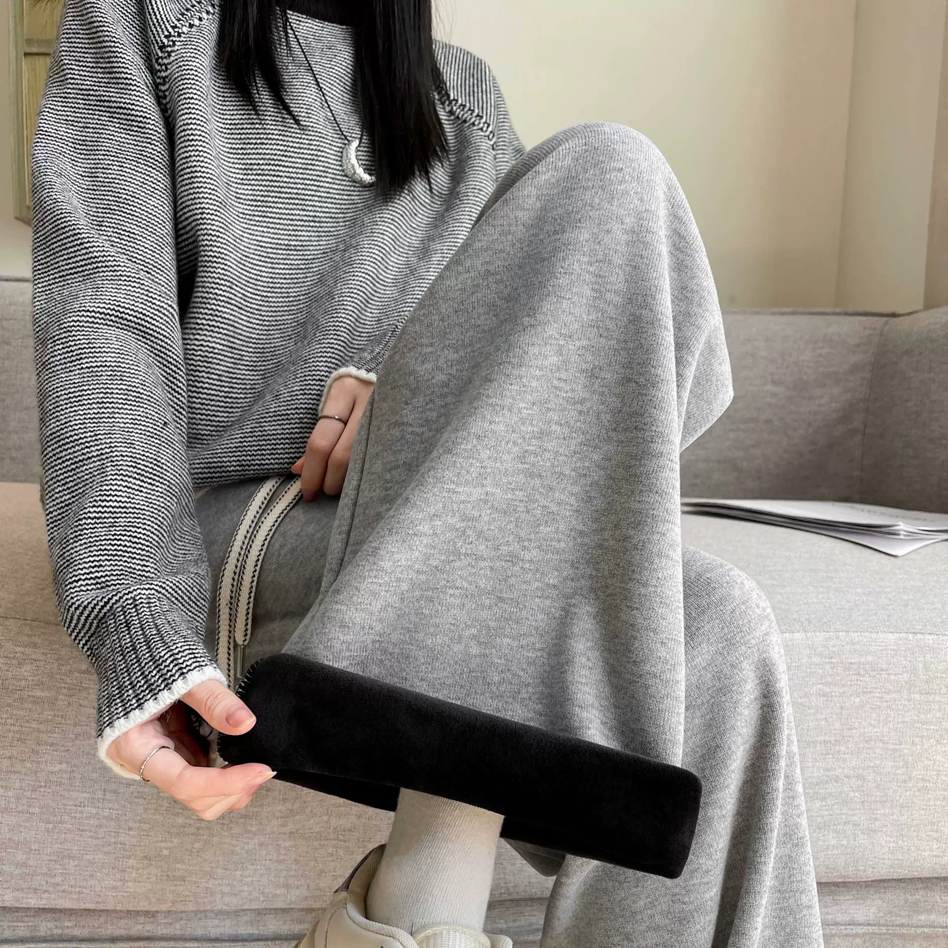 K9116严选糯米裤女秋冬季高腰垂感宽松休闲阔腿裤加绒加厚直筒裤