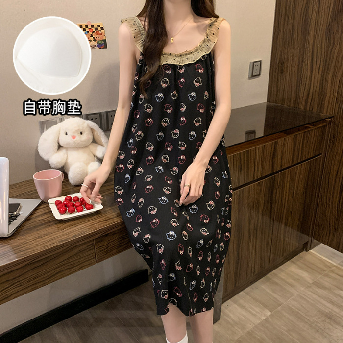 Fabricante pijama de verano encaje pijama de cuello redondo nubes de algodón cómodas y transpirables dulces con cojín de pecho vestido de cabina se puede usar fuera