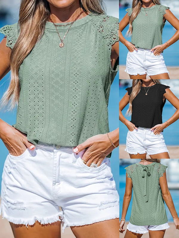 2025 Cross-Border Amazon V Aliexpress European and American Women's Lace Patchwork Eyelet Short-Sleeved T-Shirt 2025 Cross-Border Amazon V Aliexpress European and American Women's Lace Patchwork Eyelet Short-Sleeved T-Shirt