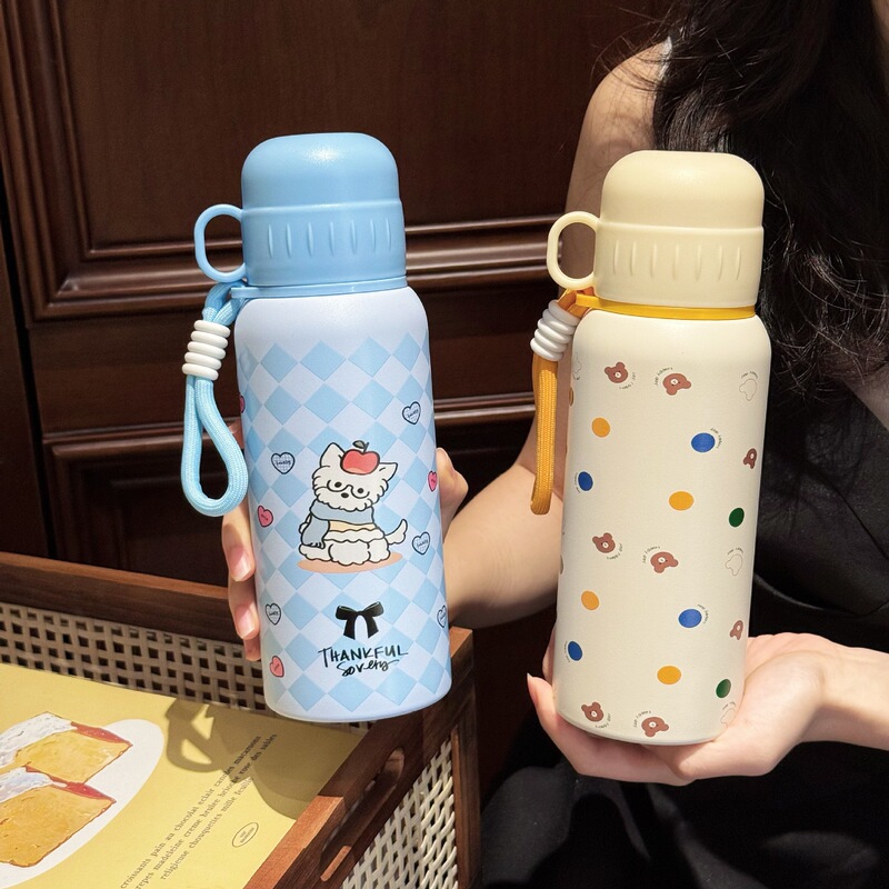 新しい 1 カップ 3 ドリンク魔法瓶カップかわいい漫画の女の子の水カップ学生ポータブルスクールサイドポケットステンレス鋼カップ|undefined