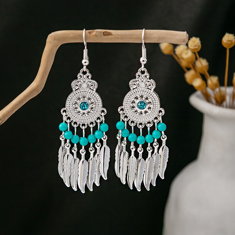 European and American Bohemian ethnic style earrings Miao silver turquoise tassel earrings minority tourist attractions earrings