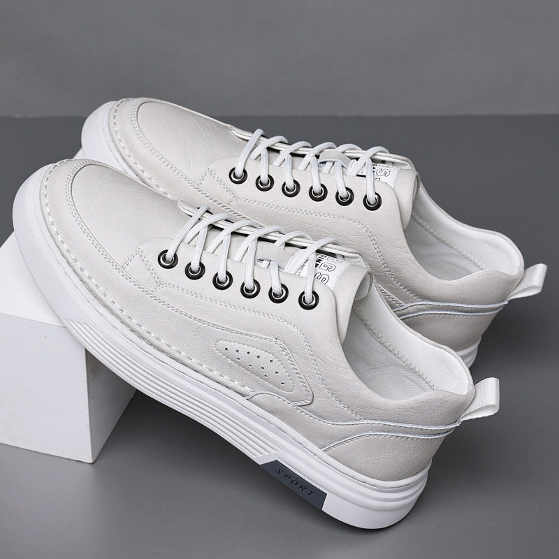 Giày da nam công sở cổ thấp đế mềm, giày sneaker da bò phối dây buộc, gót thấp 1–3 cm — GX2033 màu trắng, GX2033 màu xám